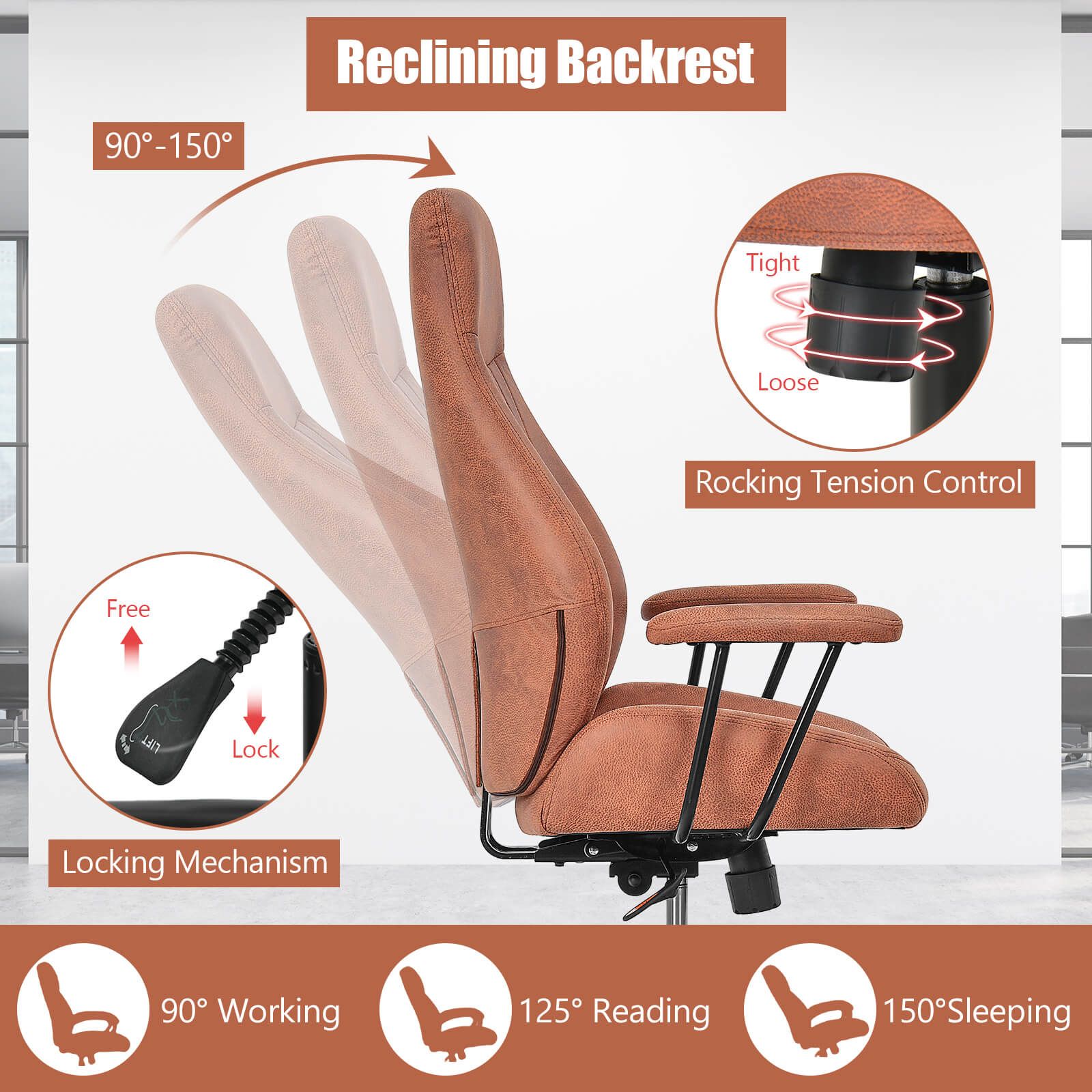 Adjustable Suede Fabric Ergonomic Office Chair with Reclining Backrest